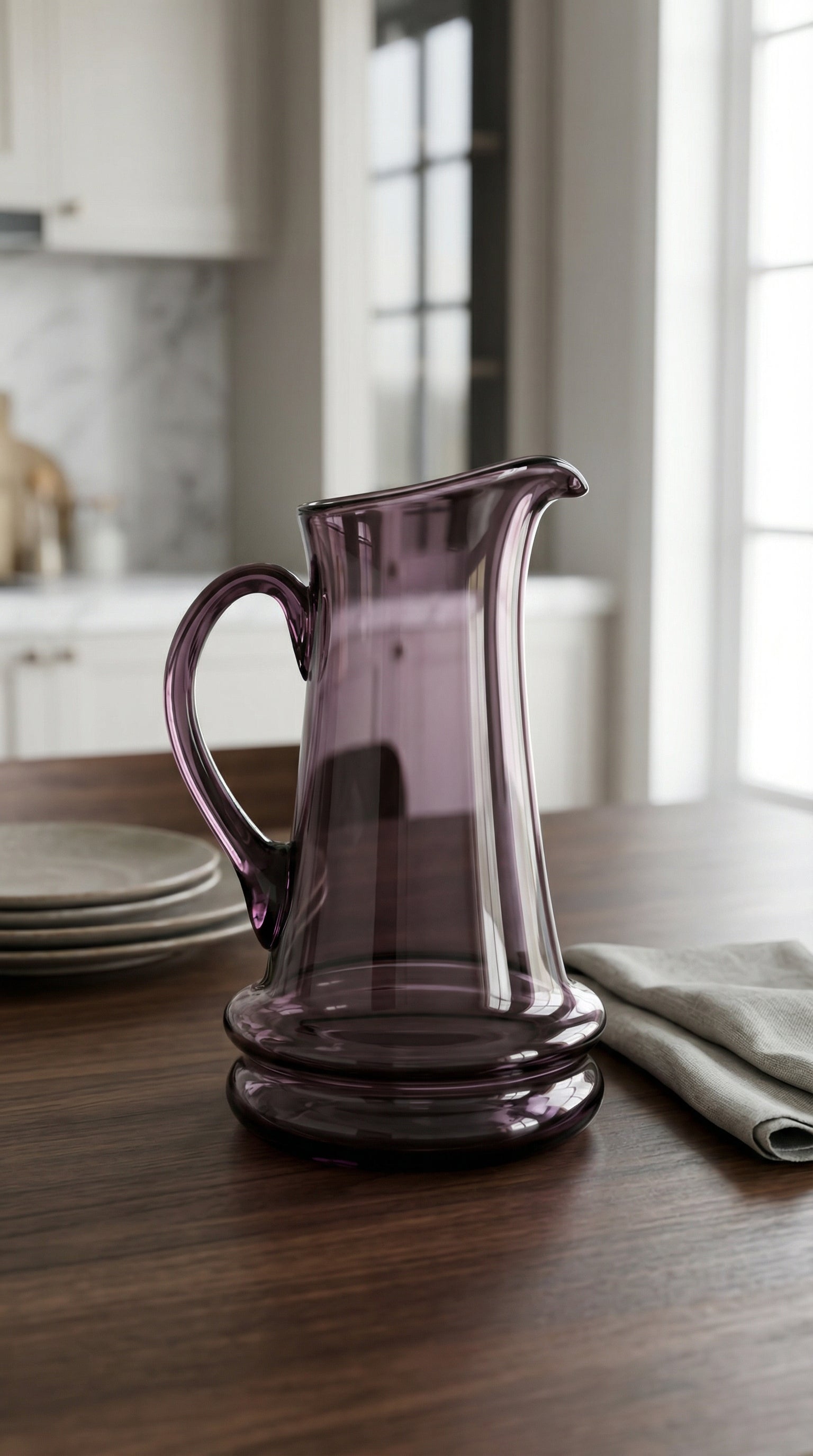 Elegant Handblown Purple Tinted Glass Water Pitcher with Ergonomic Handle