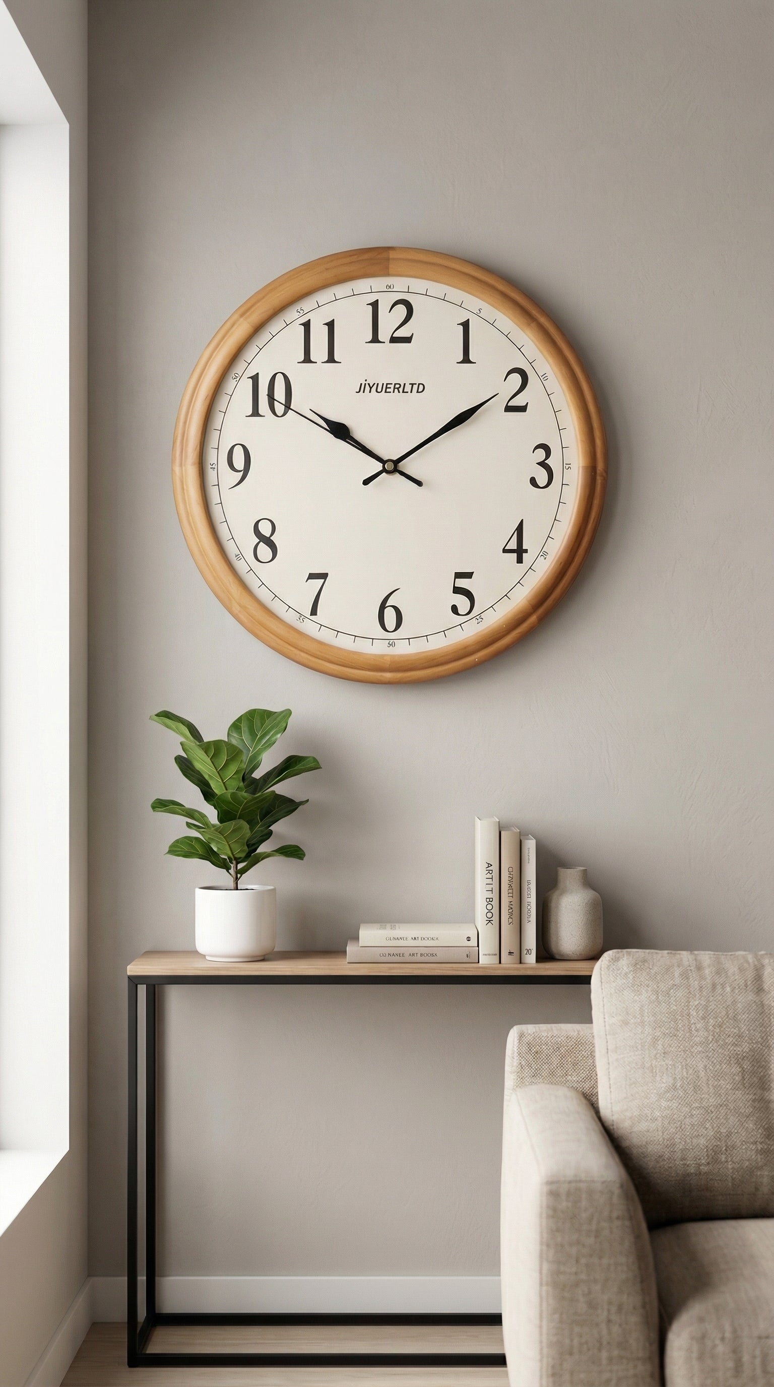 Large Wooden Framed Analog Wall Clock for Modern Home and Office Decor