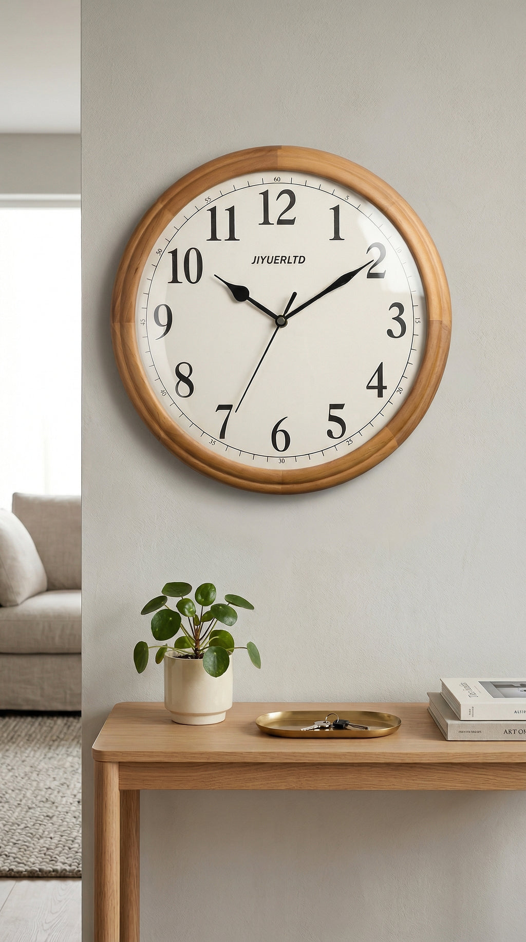 Large Wooden Framed Analog Wall Clock for Modern Home and Office Decor