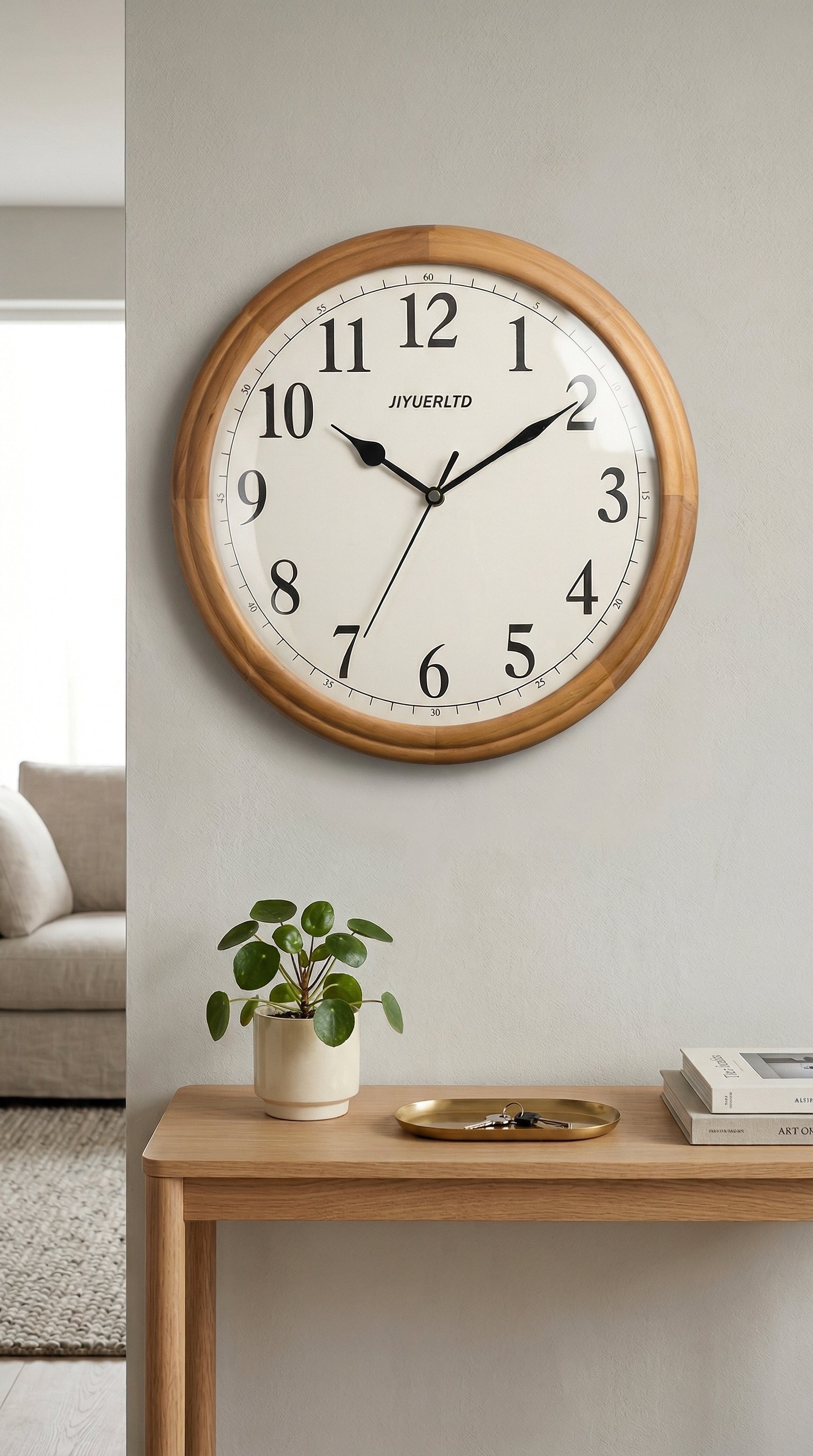 Large Wooden Framed Analog Wall Clock for Modern Home and Office Decor