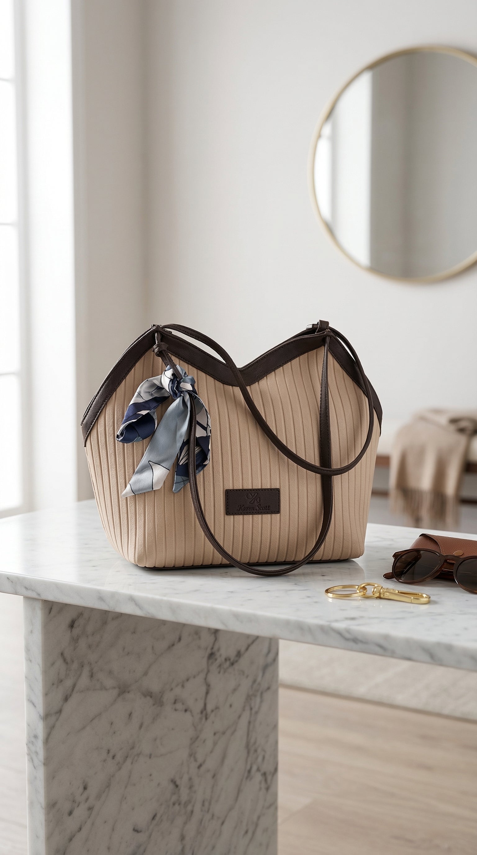 Modern Ribbed Fabric Tote Bag with Faux Leather Trim and Decorative Scarf