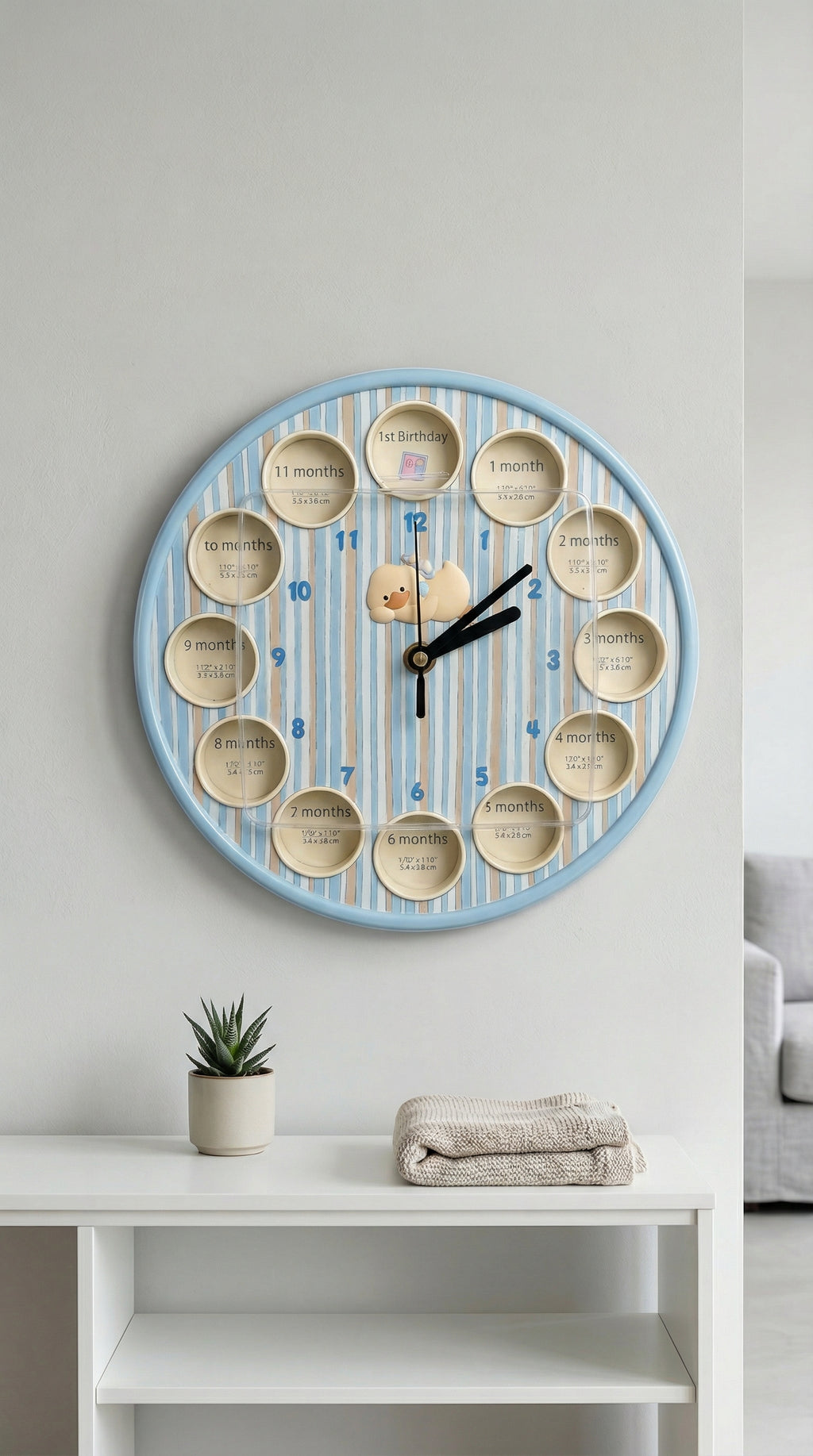Baby First Year Keepsake Wall Clock with 12 Month Photo Frames for Nursery