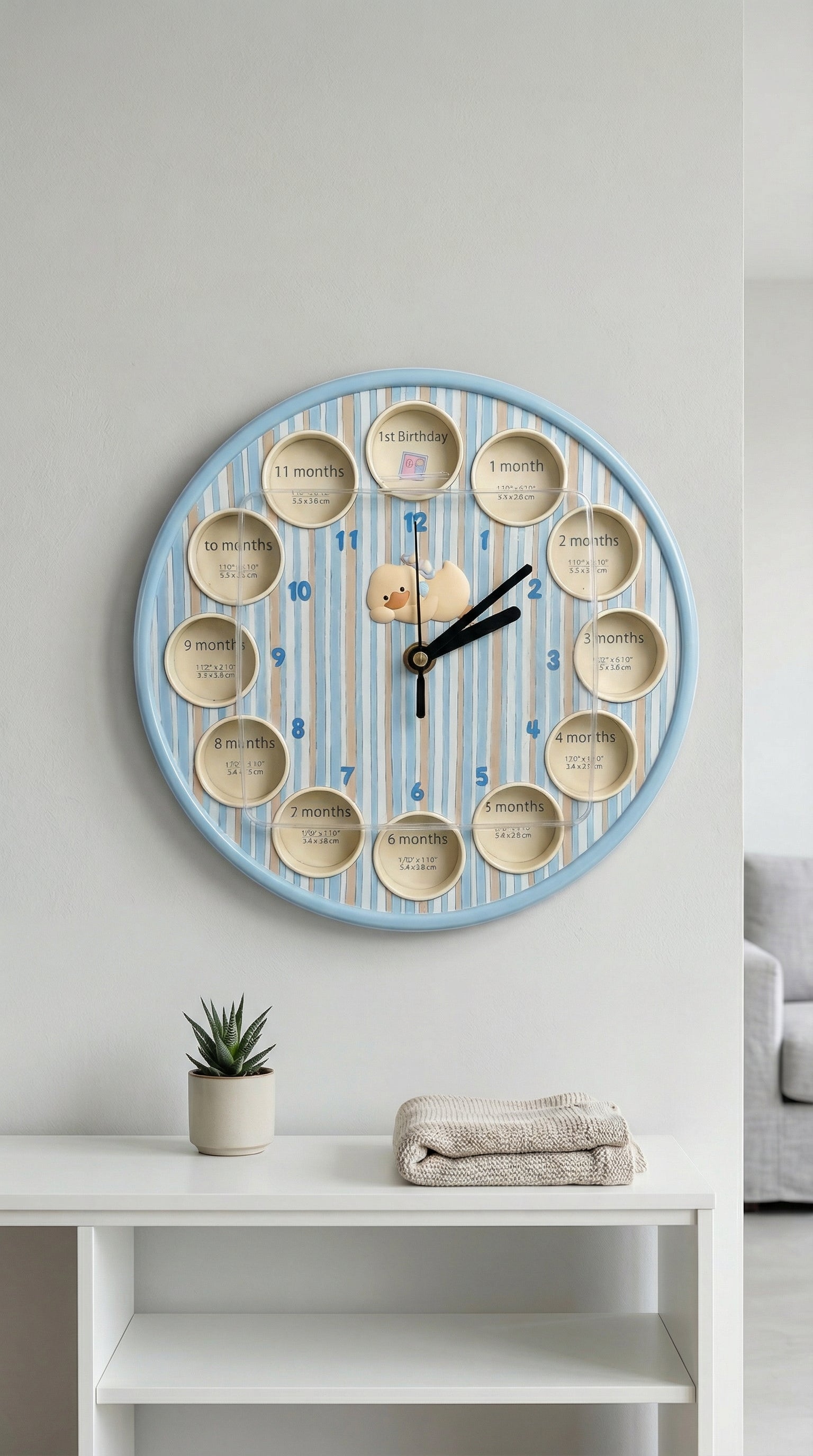 Baby First Year Keepsake Wall Clock with 12 Month Photo Frames for Nursery