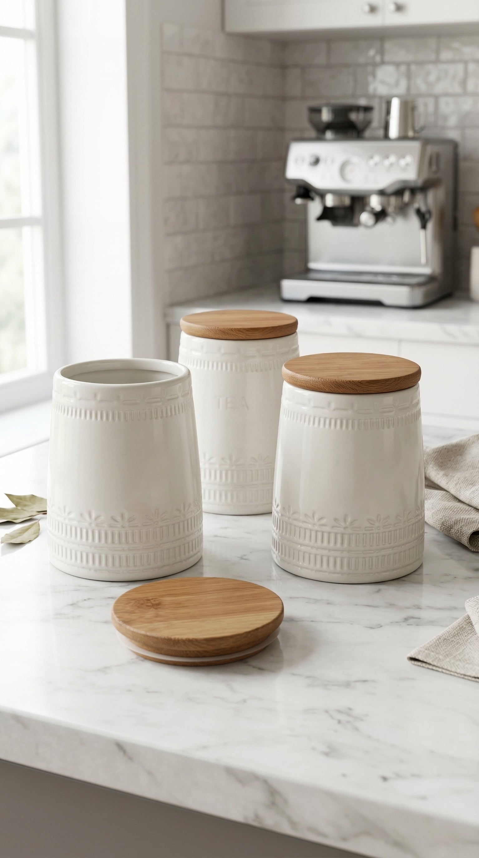 Elegant Ceramic Kitchen Storage Jar Set of 3 with Airtight Bamboo Lids