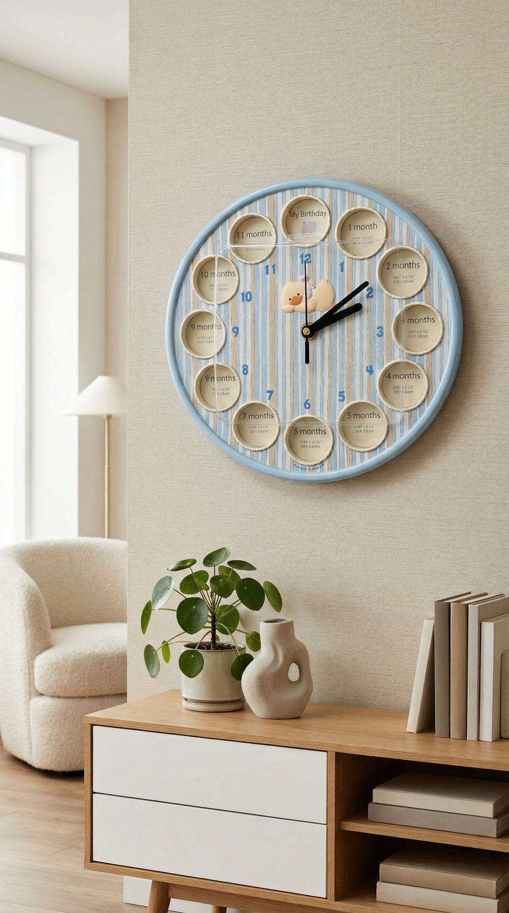 Baby First Year Keepsake Wall Clock with 12 Month Photo Frames for Nursery