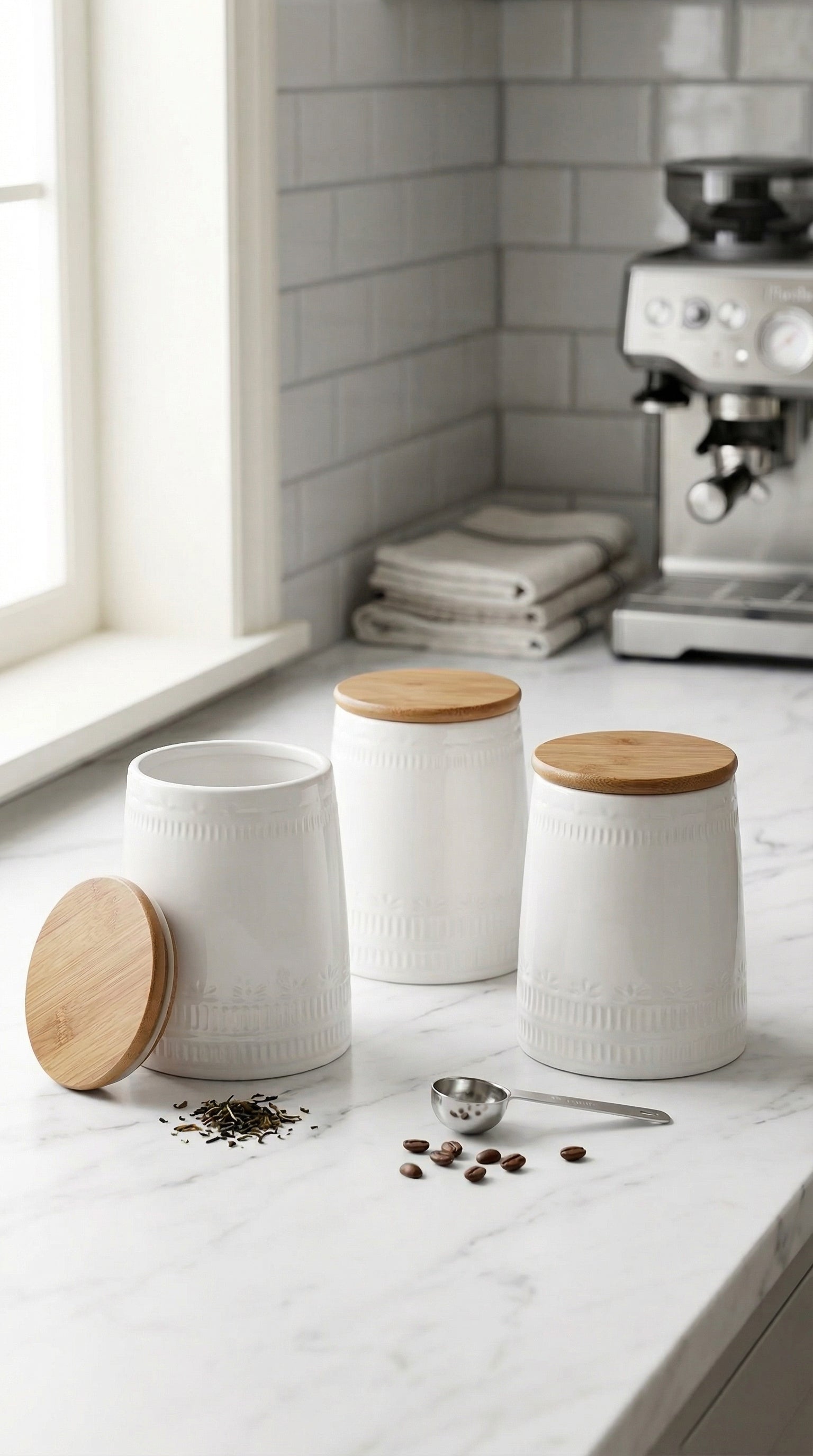 Elegant Ceramic Kitchen Storage Jar Set of 3 with Airtight Bamboo Lids
