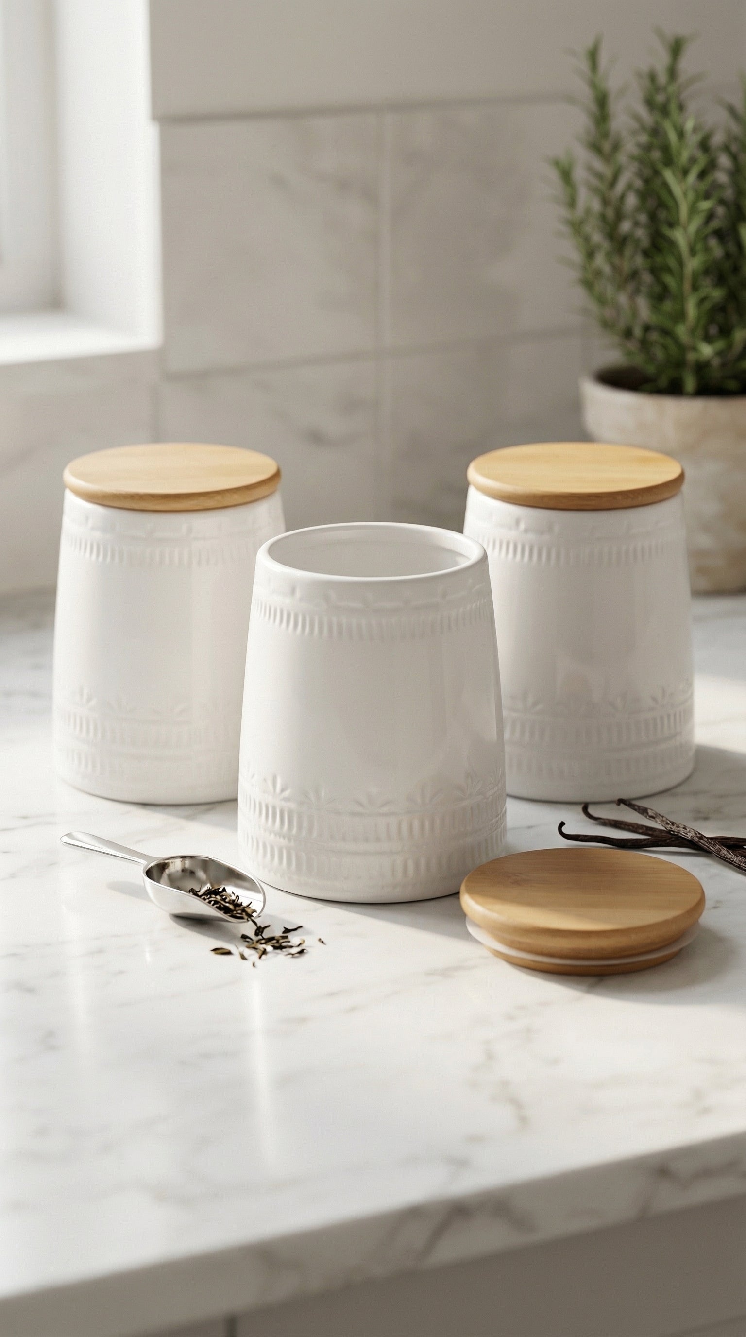 Elegant Ceramic Kitchen Storage Jar Set of 3 with Airtight Bamboo Lids
