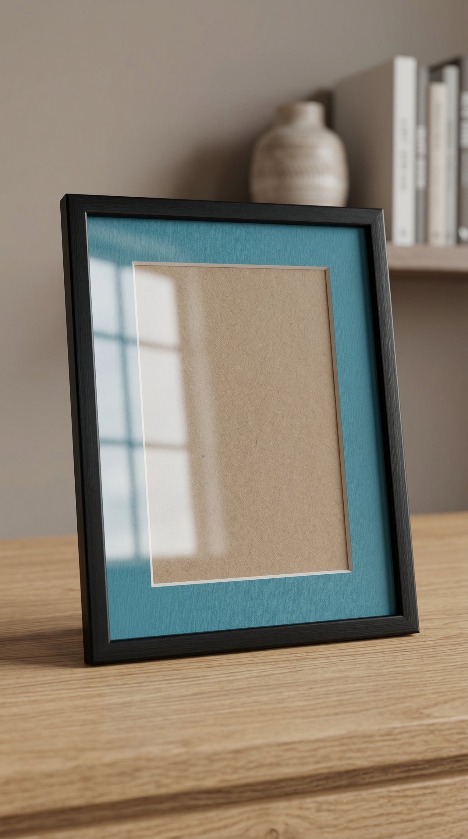 Modern Dark Walnut Wood Picture Frame with Vibrant Cyan Blue Photo Mat