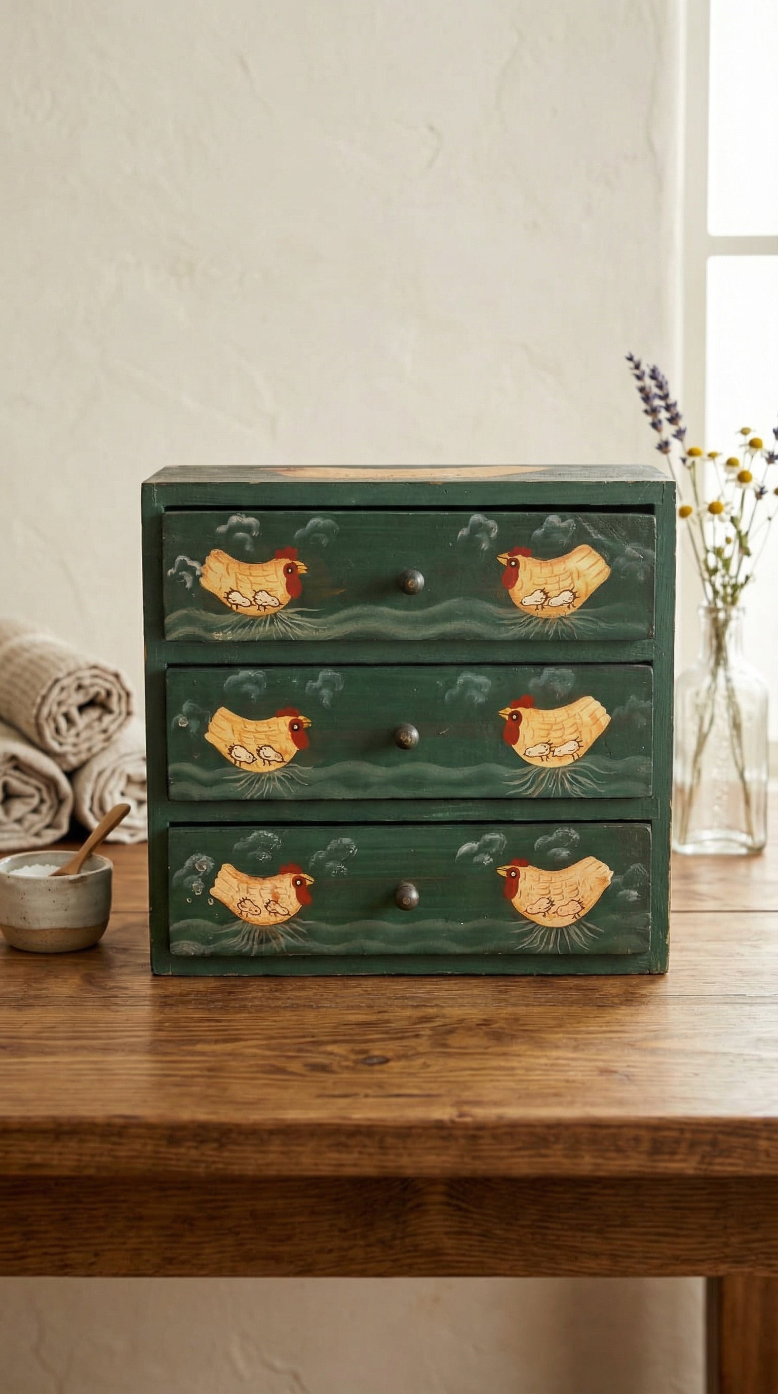 Handcrafted Rustic Green Wooden 3-Drawer Desktop Organizer with Hen Motif