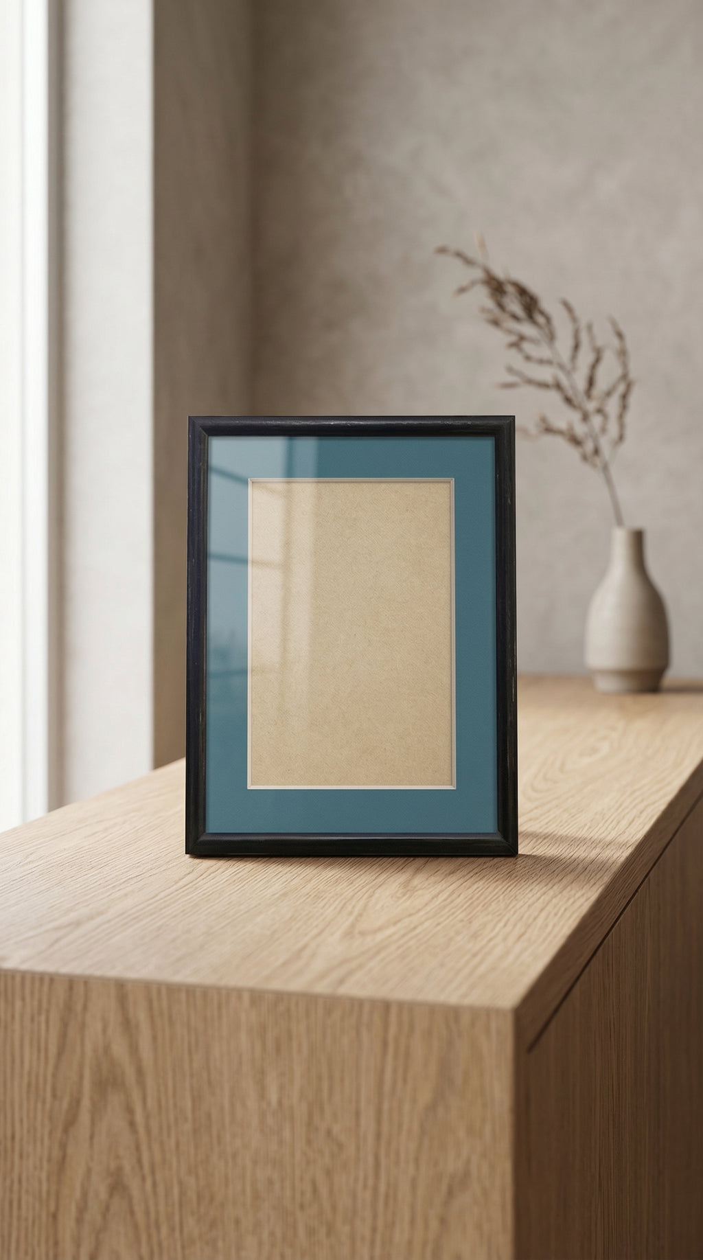 Modern Dark Walnut Wood Picture Frame with Vibrant Cyan Blue Photo Mat