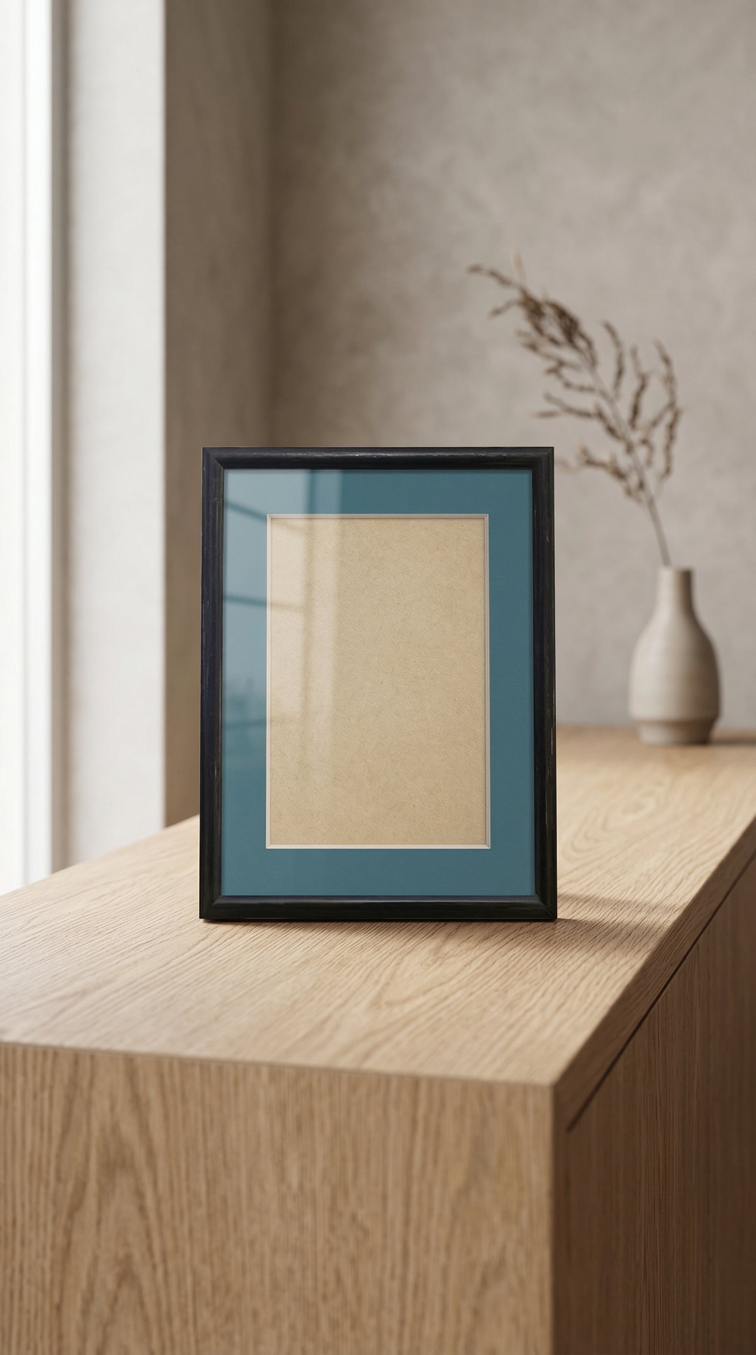 Modern Dark Walnut Wood Picture Frame with Vibrant Cyan Blue Photo Mat