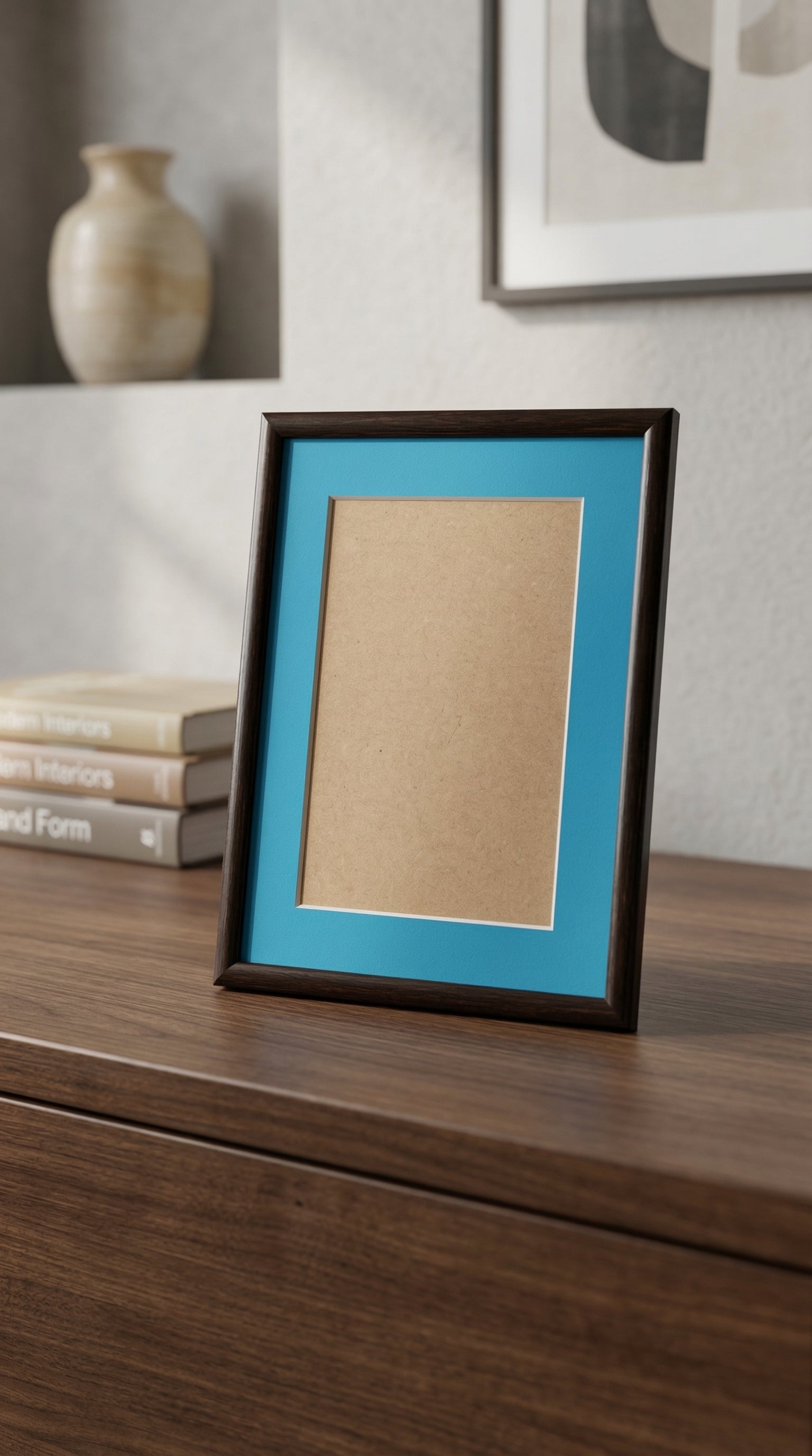 Modern Dark Walnut Wood Picture Frame with Vibrant Cyan Blue Photo Mat