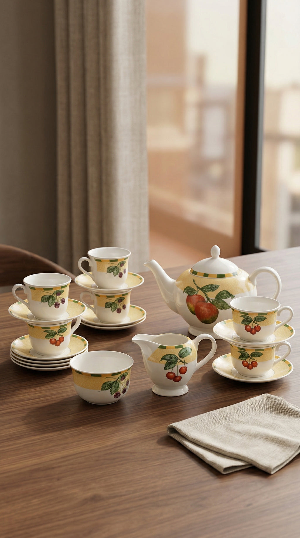 15-Piece Ceramic Fruit Orchard Tea Set with Teapot and Creamer Pitcher