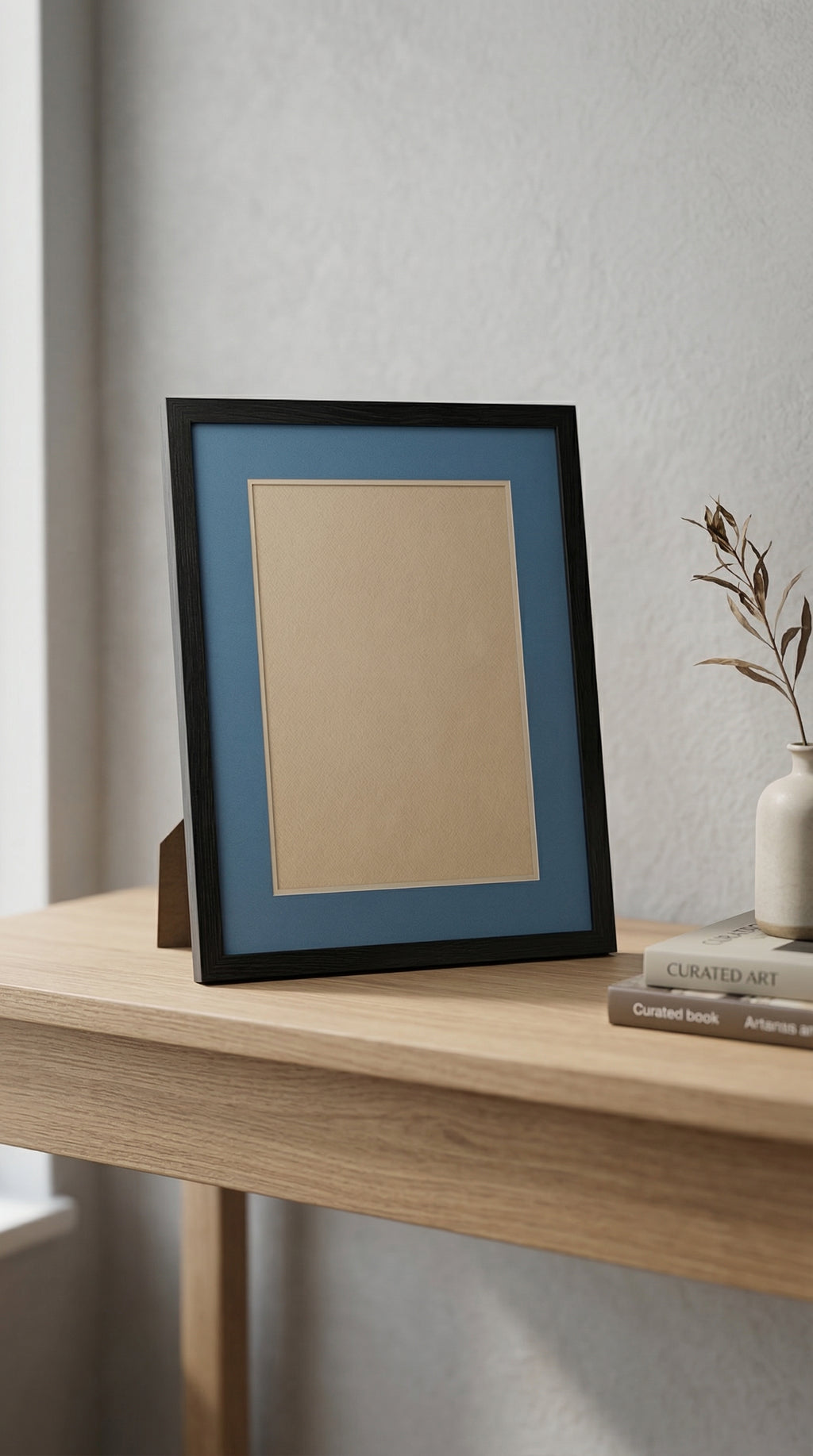 Modern Dark Walnut Wood Picture Frame with Vibrant Cyan Blue Photo Mat