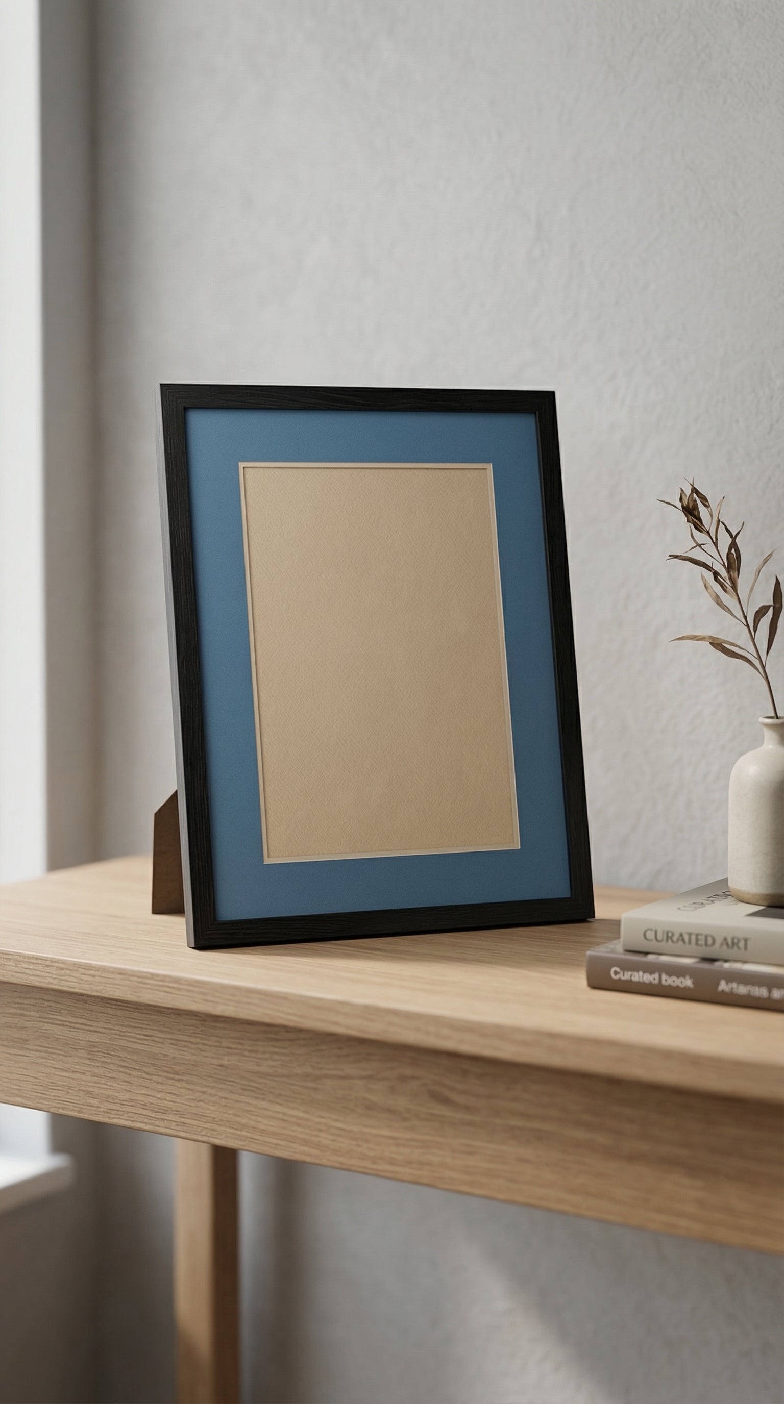 Modern Dark Walnut Wood Picture Frame with Vibrant Cyan Blue Photo Mat