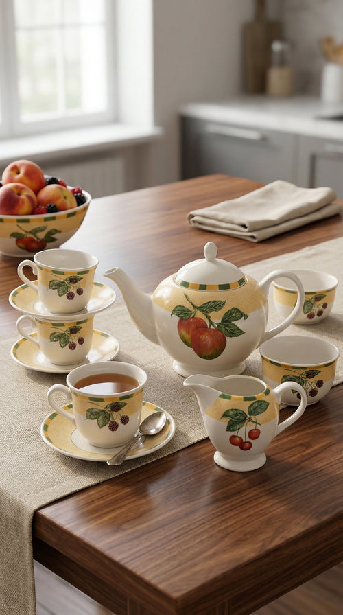 15-Piece Ceramic Fruit Orchard Tea Set with Teapot and Creamer Pitcher