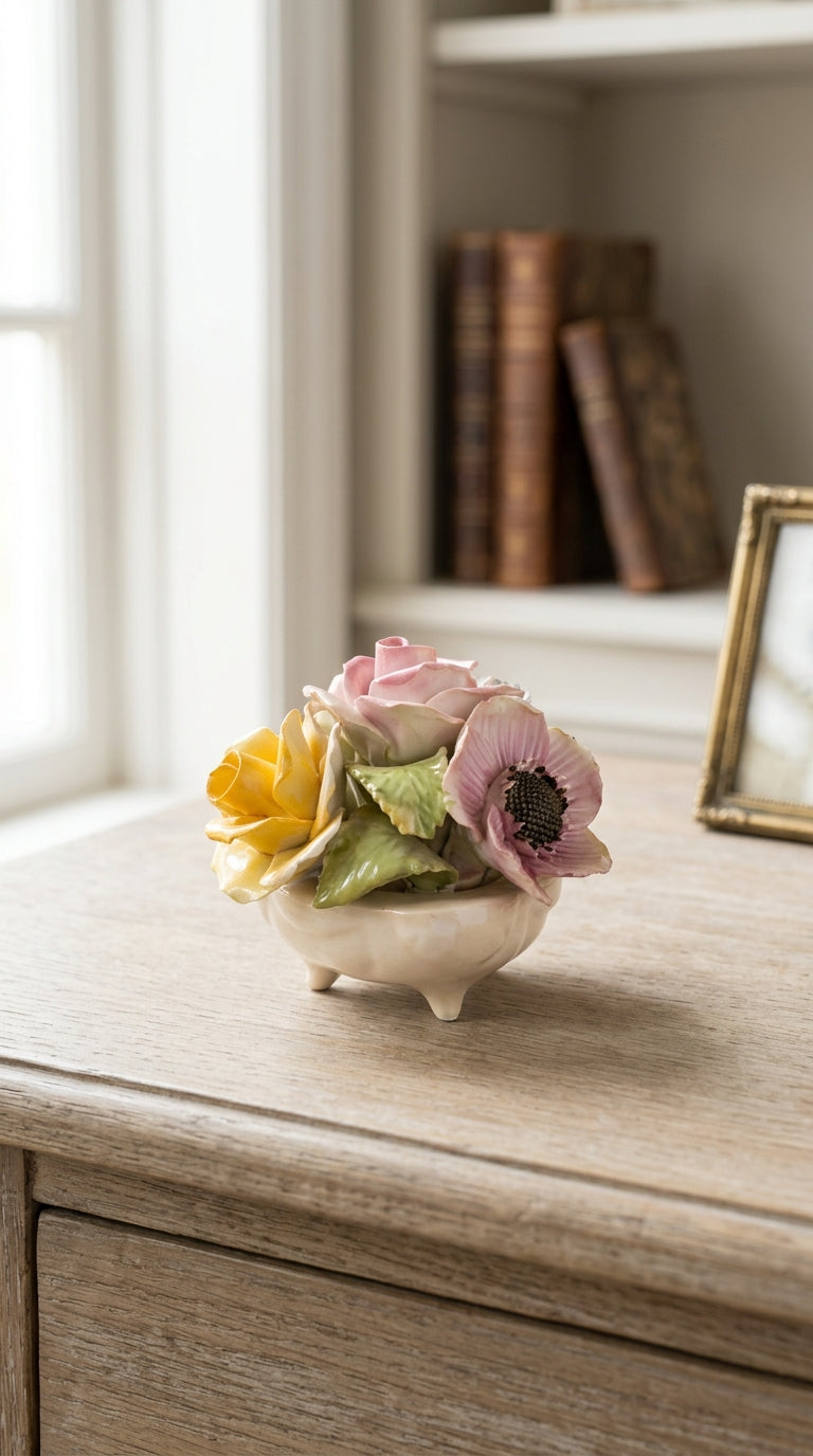 Handcrafted Porcelain Floral Bouquet Miniature Figurine Decorative Centerpiece