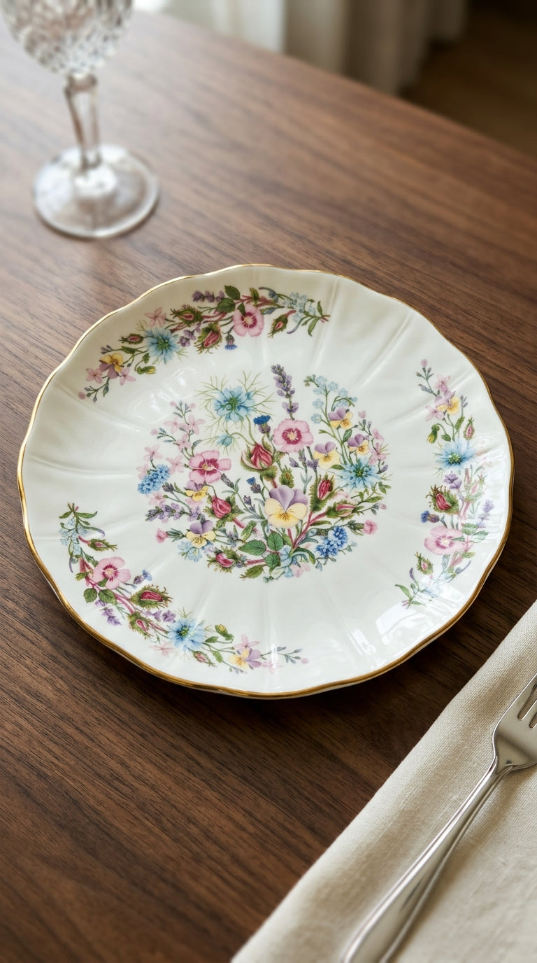 Elegant Floral Bone China Scalloped Dinner Plate with Gold Rim Accent