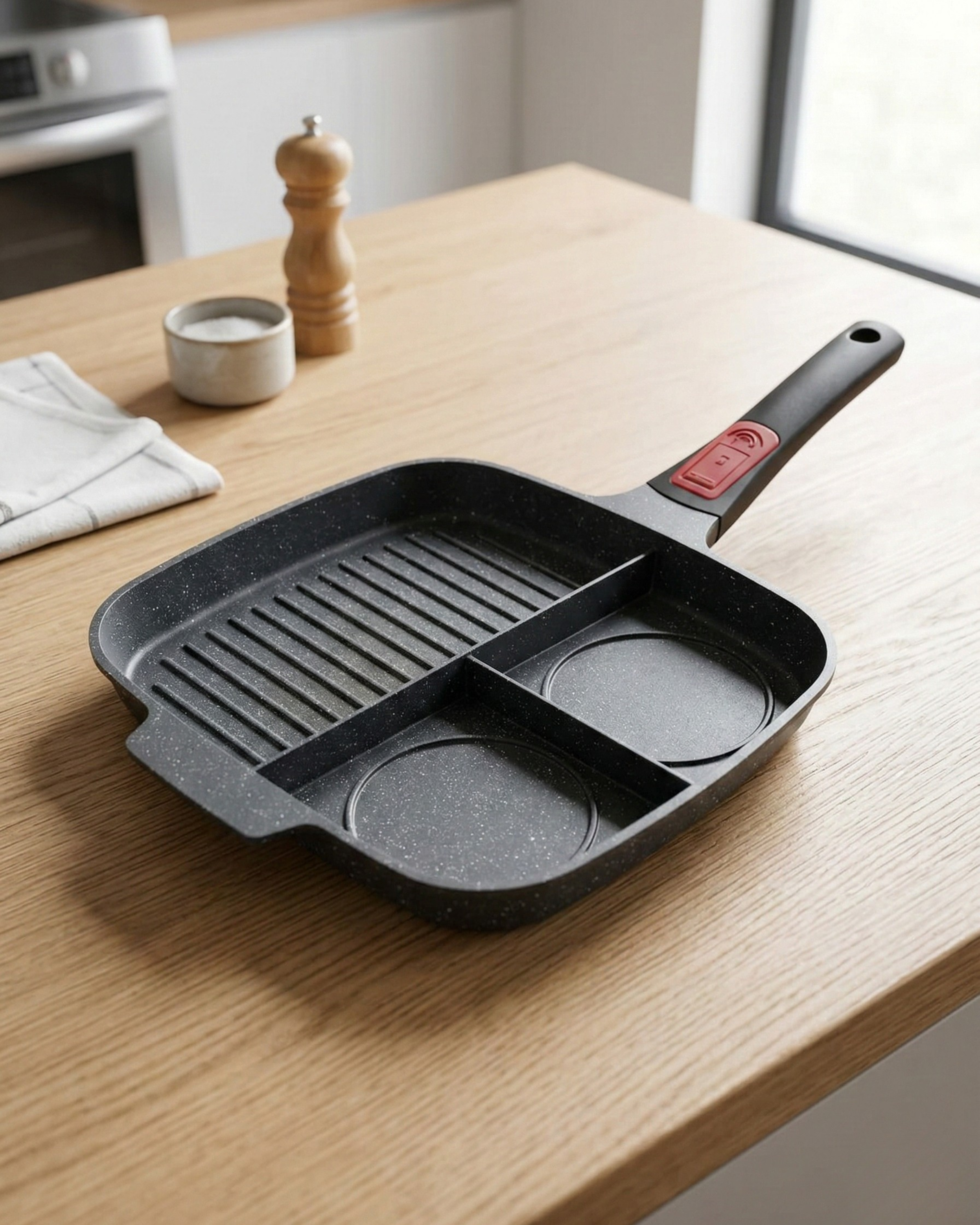 Multi-Purpose 3-Section Non-Stick Breakfast Grill and Fried Egg Pan