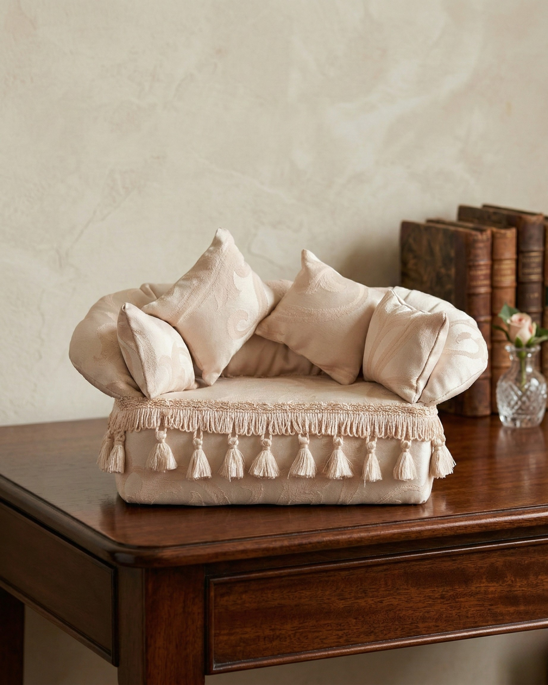 Victorian Style Miniature Sofa Jewelry Box with Tassel Detail and 4 Pillows