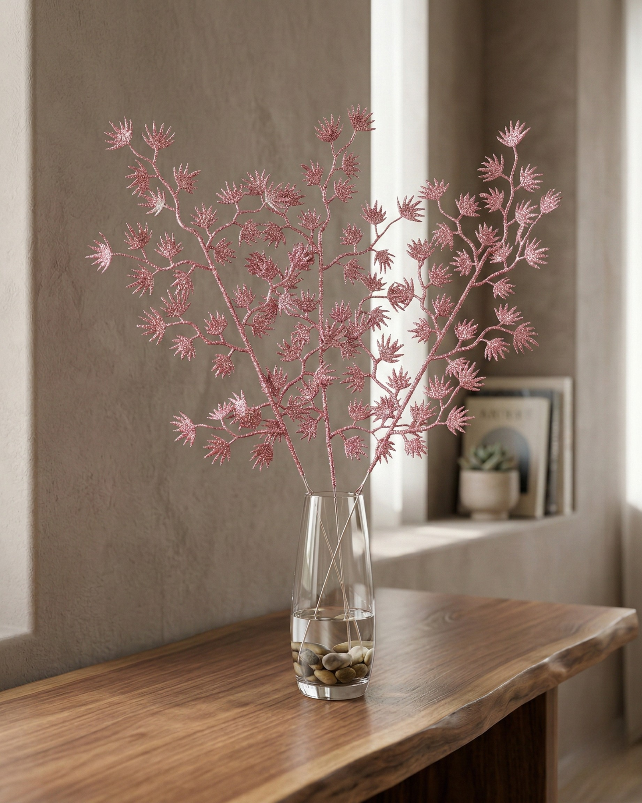 Elegant Pink Glitter Artificial Fern Leaf Sprays for Home Decor