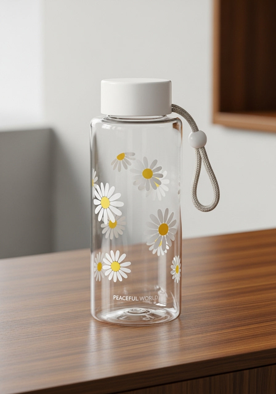Minimalist Glass Daisy Water Bottle with White Lid and Jute Carry Rope