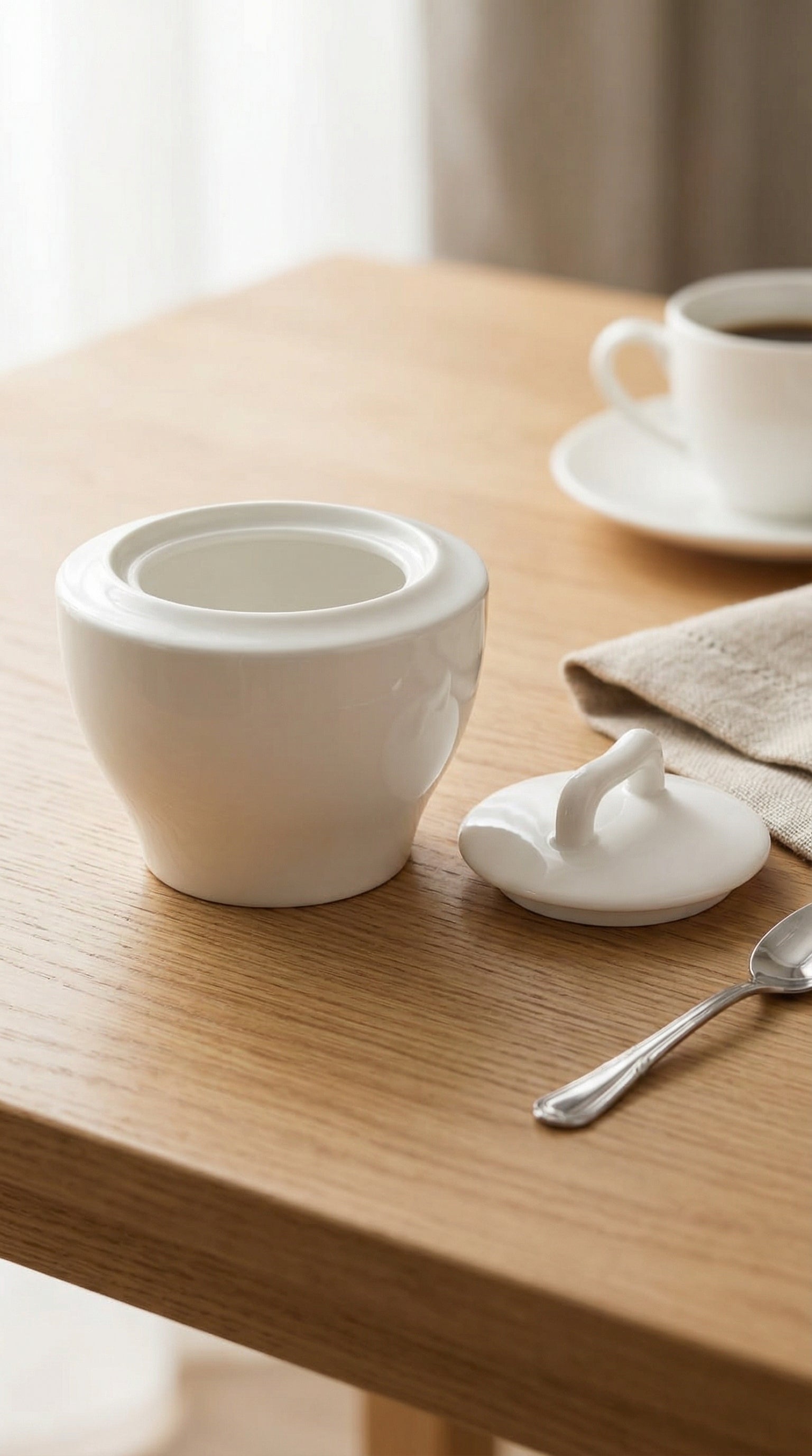 Elegant White Ceramic Sugar Bowl with Minimalist Wave Handle Lid