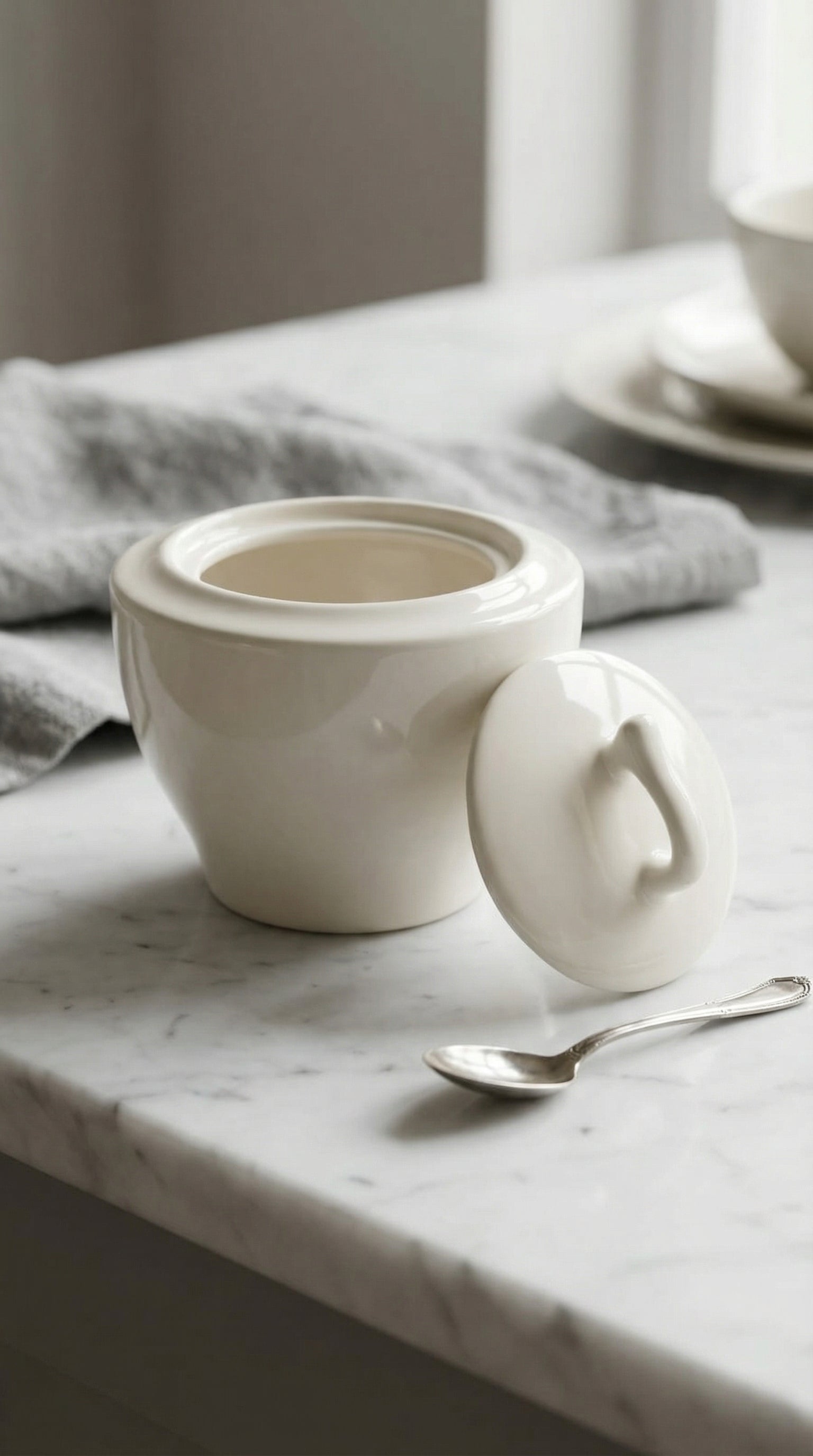 Elegant White Ceramic Sugar Bowl with Minimalist Wave Handle Lid