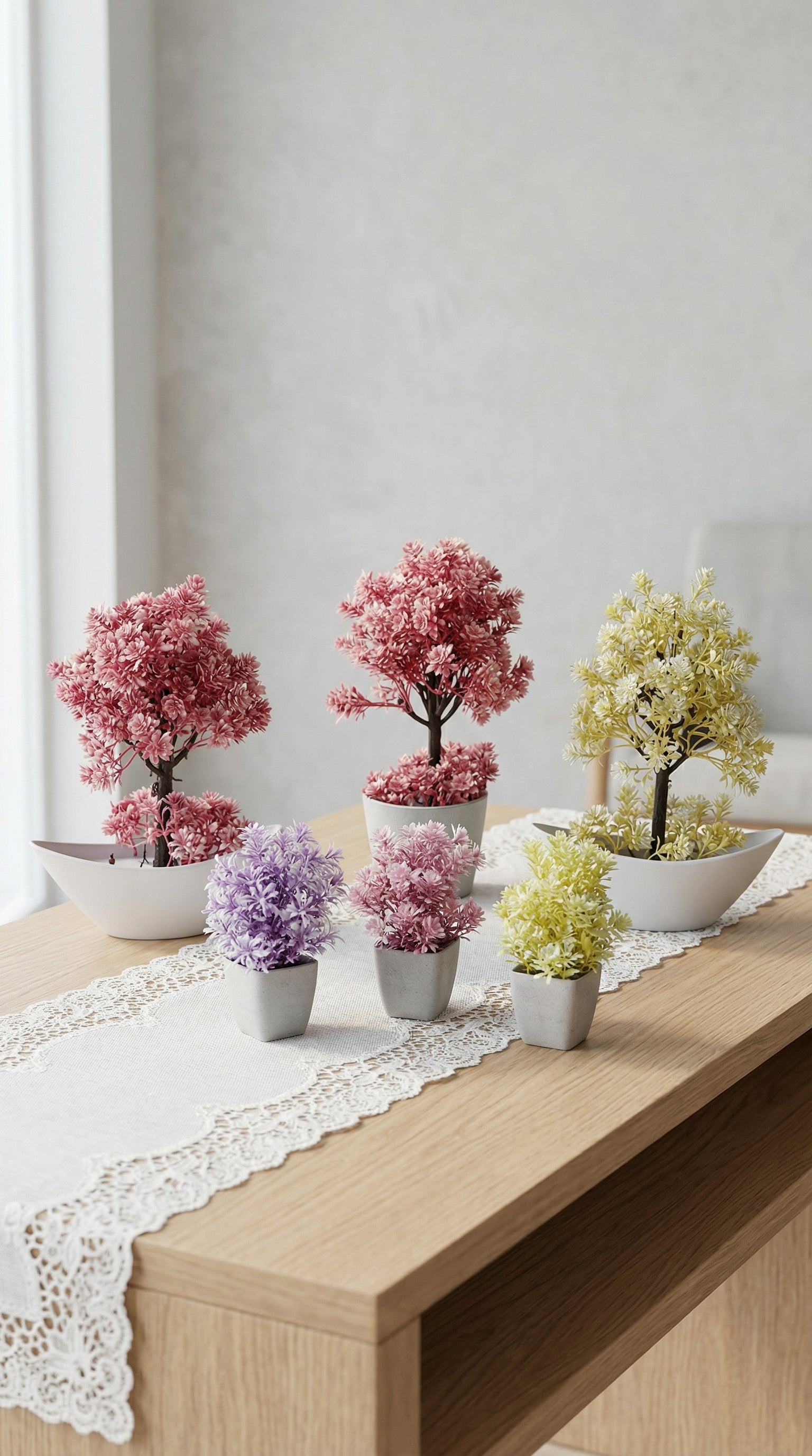 Set of 6 Artificial Bonsai Mini Plants with Decorative Ceramic Pots