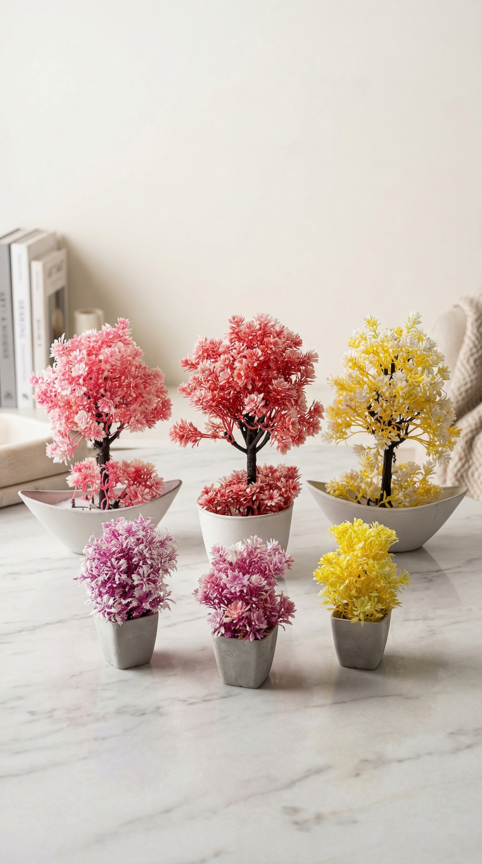 Set of 6 Artificial Bonsai Mini Plants with Decorative Ceramic Pots