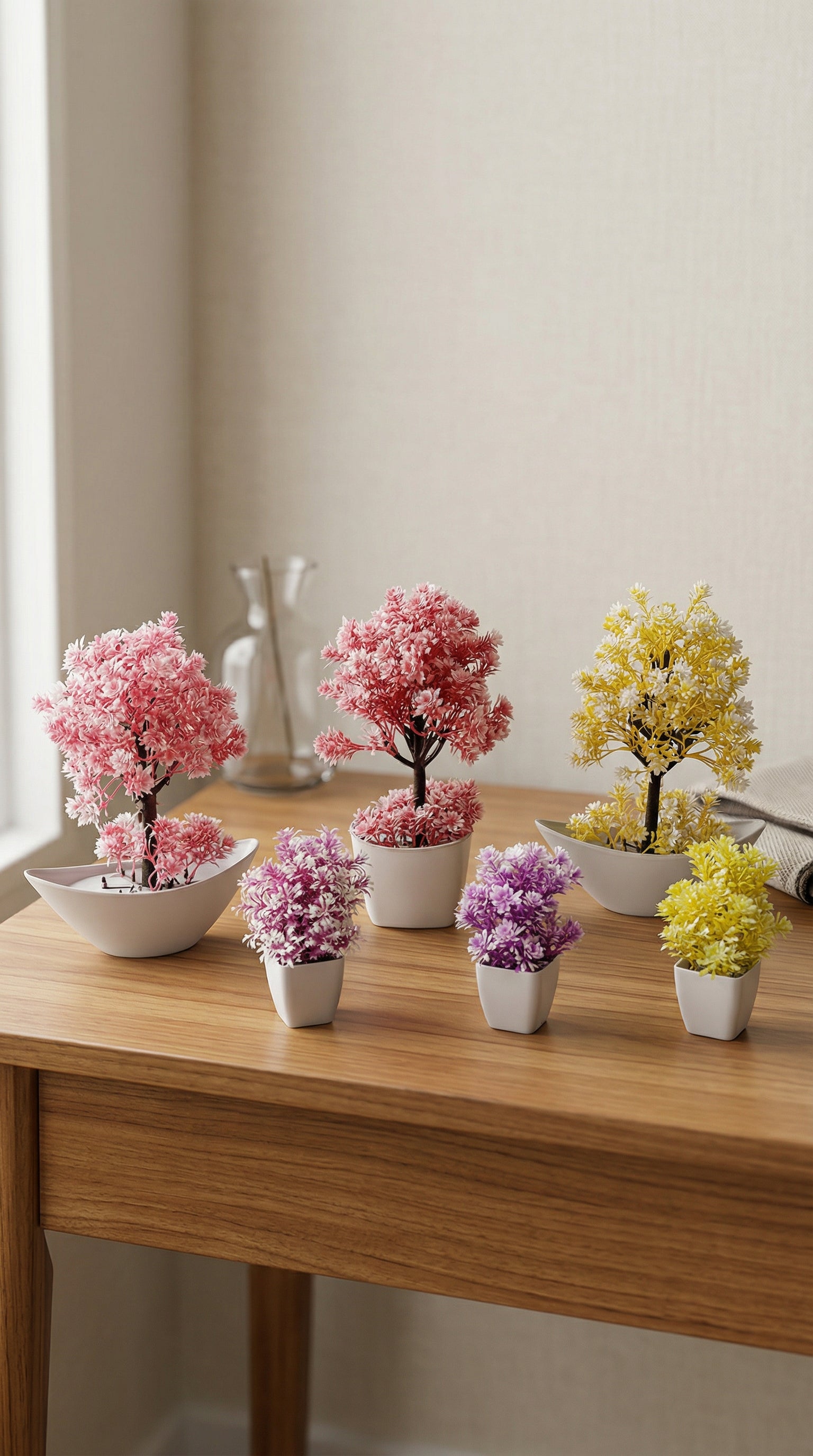 Set of 6 Artificial Bonsai Mini Plants with Decorative Ceramic Pots